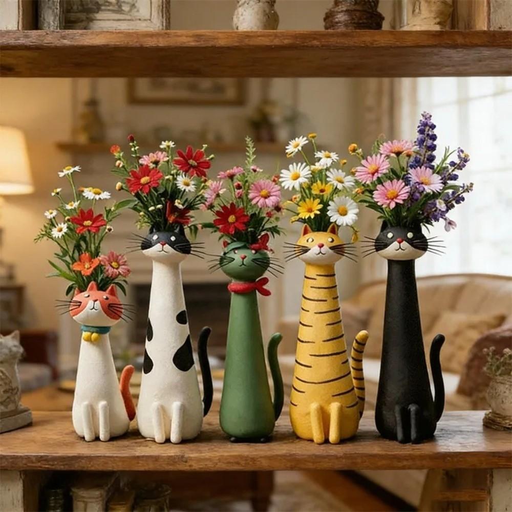 Cartoon Cat Shaped Flower Planter Quirky Resin Cat Flower Holder Modern Cat Bud Vase Desktop Decor