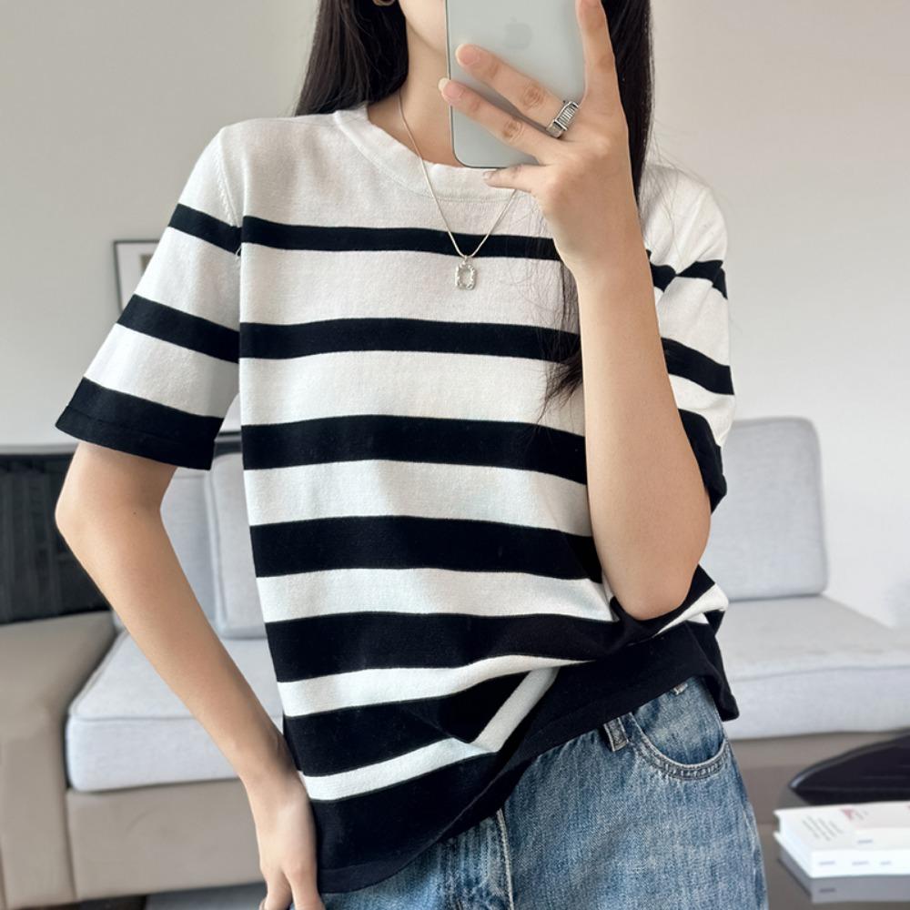

Summer New Short-sleeved Casual Women s T-shirt Round Neck Loose T-shirt Striped Pullover Top Cool M
