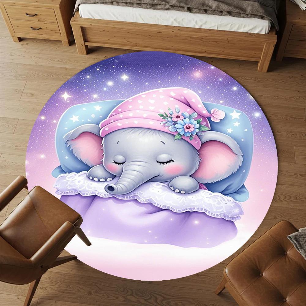 1PC Elephant Sleepy Nighttime Round Chair Mat Area Rug - Non-Slip, Floor Mat for Office, Bedroom, Home Decor Christmas Gift C0528004