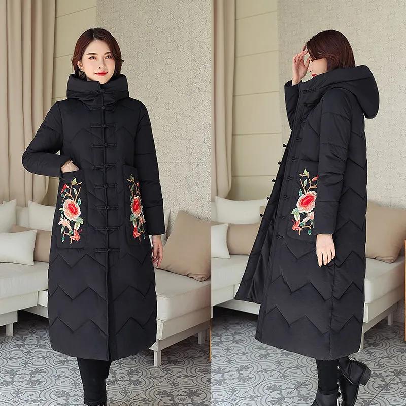 Ethnic Style Down Padded Jacket Women's Mid-length Embroidered Over-the-knee Padded Jacket Chinese Style Padded Jacket Thickened Winter Clothes