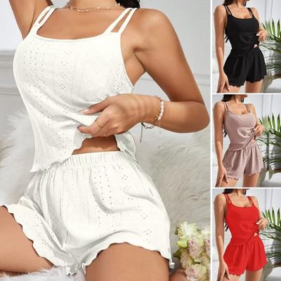 Eyelet Cami Pajama Sets for Women Camisole Tank Top And Shorts 2 Piece Pjs Sets Summer Cute Sleepwear Lounge Set
