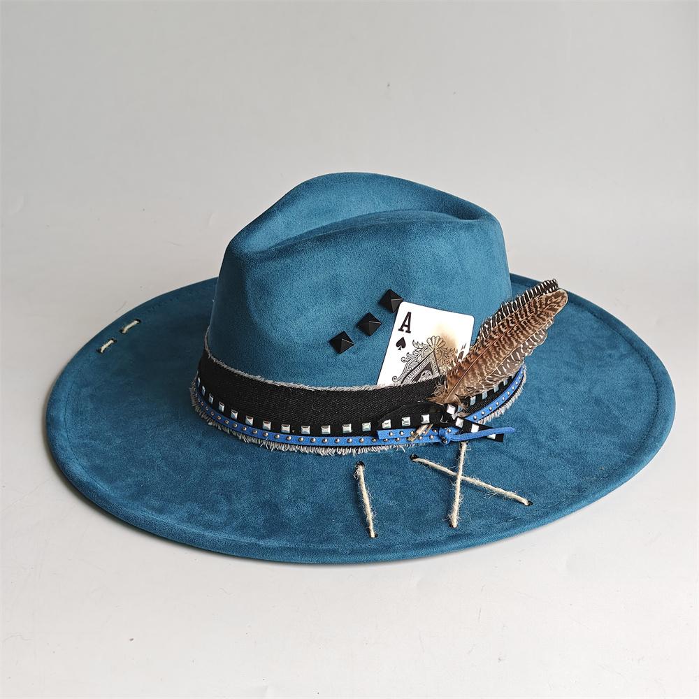 Color Blocking Wildleder Fedora Hüte für Damen Herren Großer Breiter Rand Klassischer Wildleder Panama Hut Western Partyhut Sombrero Rockero Mann