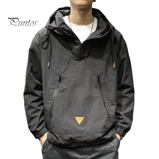 

Мужской плащ однотонный длинный рукав полумолния капюшон куртка с карманами на молнии свободный крой тонкая куртка для отдыха M чёрный