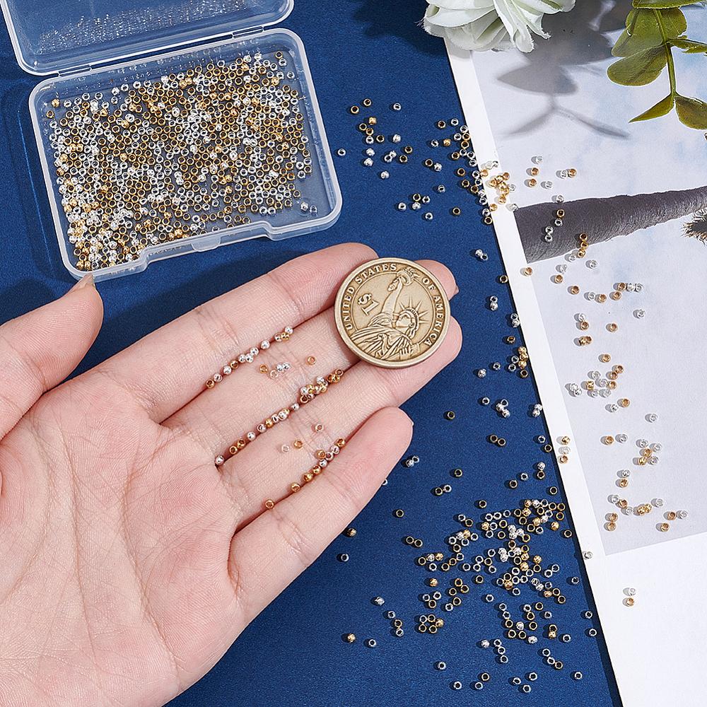 1000Pcs 2 Colors Brass Crimp Beads, Rondelle, Golden & Silver, 2x2x1mm, Hole: 1.2mm, 500pcs/color