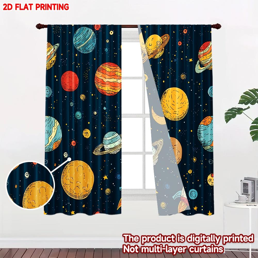 Set Of 2 Flat Printing Happy Valentine Day Window Drapes Cartoon Space System Planetary Land Digital Printed Polyester Curtain