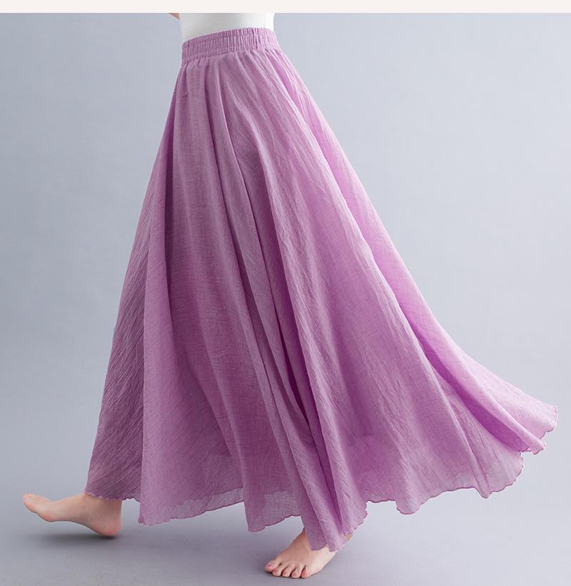 38-Color Plus Size Japanese Cotton Linen A-Line Midi Skirt with Elastic Waist