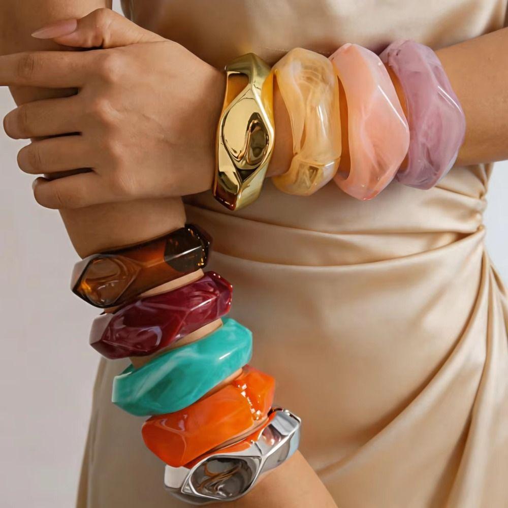 Vintage Style Wide Bracelet Colorful Smudging Geometric Bangles Acrylic Wristband Fashion Jewelry