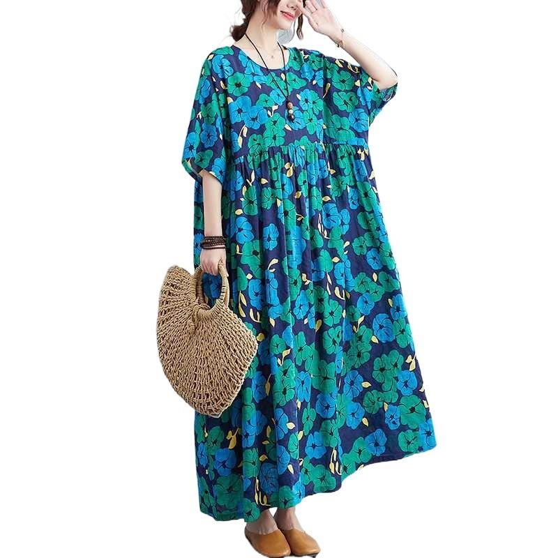 Summer New Literary Large Size Loose and Large Printed Round Neck Short Sleeve Dresses