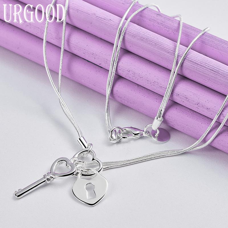 925 Sterling Silver Key Heart Lock Necklace Snake Chain Women's Wedding Fashion Charm Jewelry