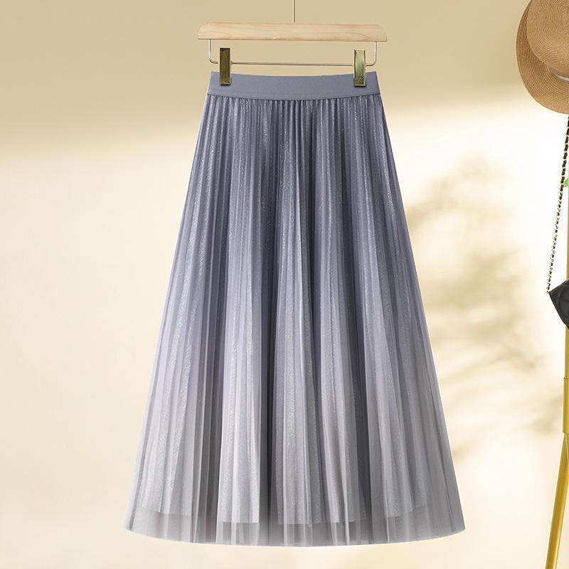 Women's Gradient Mesh Pleated Midi Skirt - 2025 Spring Collection, High Waist A-line with Slimming Drapes