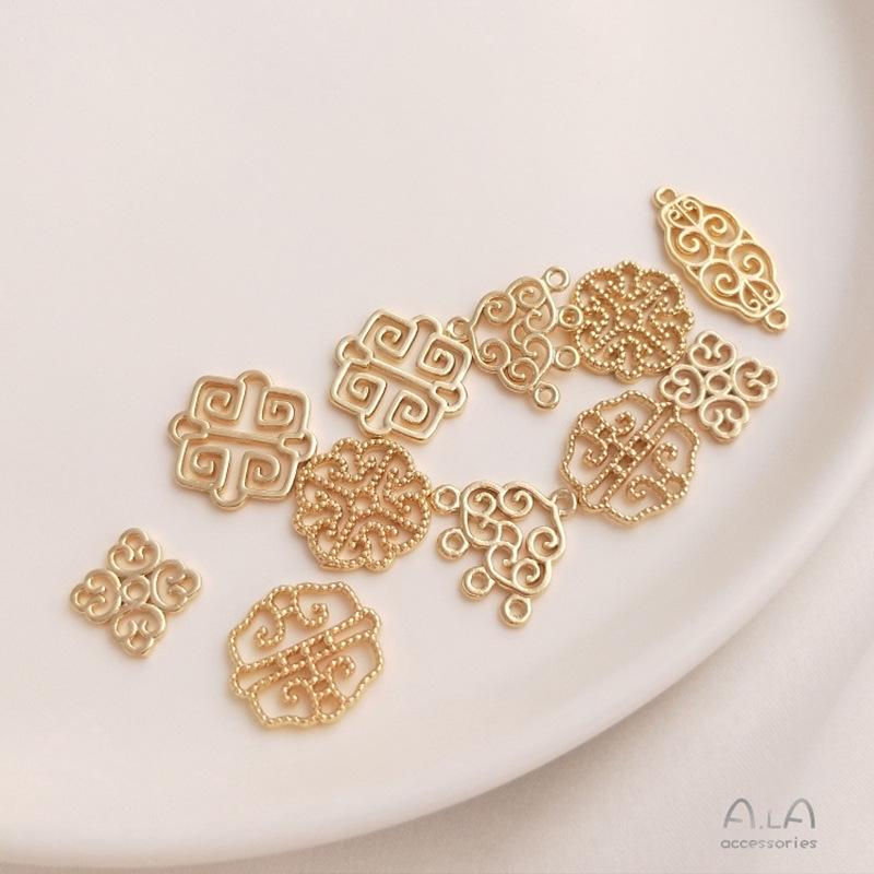14K Gold Filled Copper-Plated Hollow Flower Totem Double Pendant for DIY Earrings, Bracelets, and Jewelry.