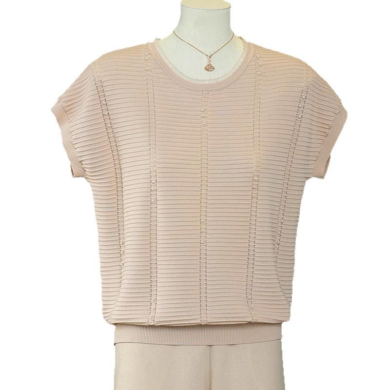 Stylish Knit Top: Women's Short-Sleeved Summer Shirt, Elegant and Versatile for Mothers and Seniors