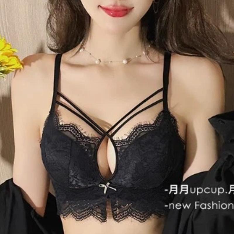 Brown Lace Push-Up Wireless Bra with Crisscross Straps and Bow Detail Lingerie
