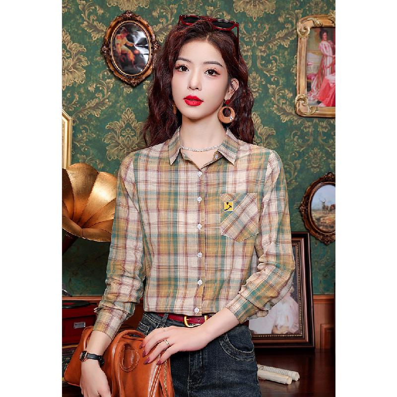 Women's long-sleeve plaid shirt 2026 new Korean style fashion design slim casual top