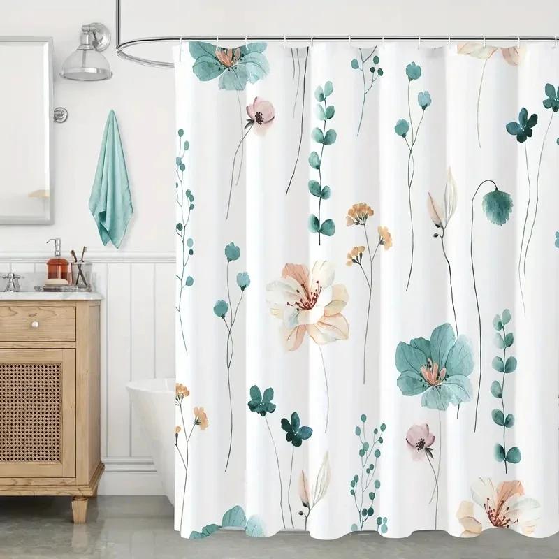 1pc Modern Watercolor Floral Shower Curtain Set with Hooks - Waterproof and Minimalist Design for Bathroom Custom shower curtain