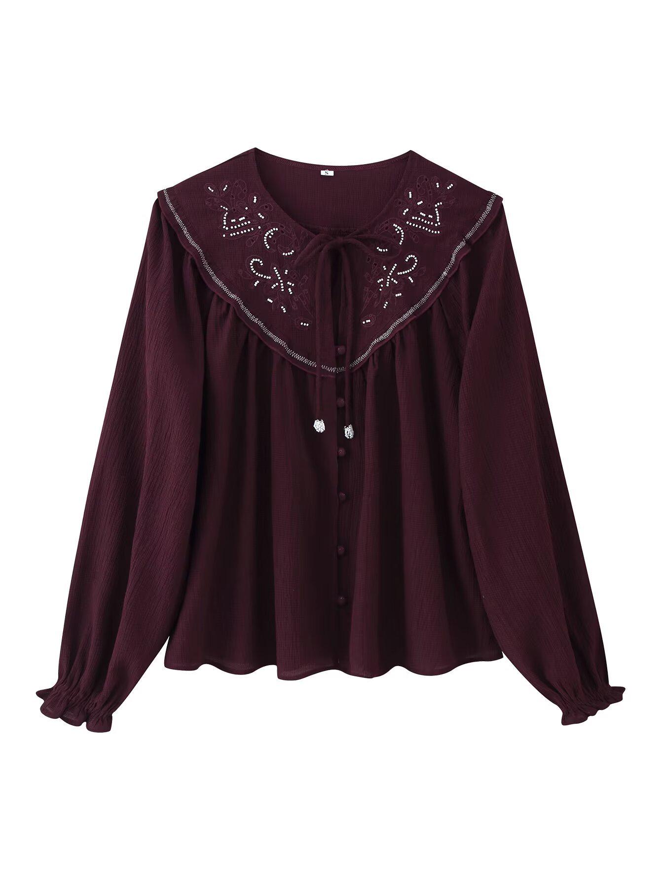 

Женская богемная вышитая рубашка с V-образным вырезом, кисточками и шнуровкой, Осень 2025 Medium вино красного
