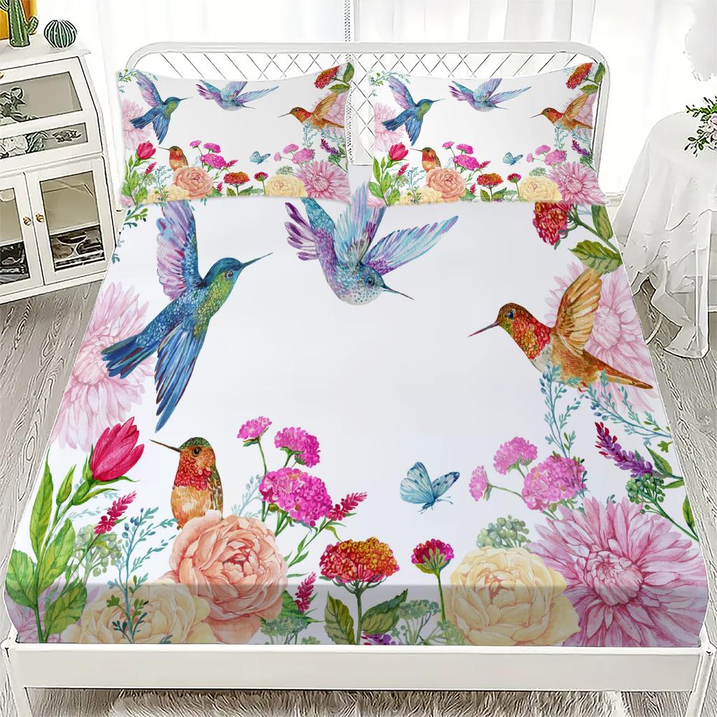 3D Bedding Set Flora Butterflies Birds Printed Fitted Sheets With 1/2 Pillowcases Custom Suitable for Both Boys and Girls Decor