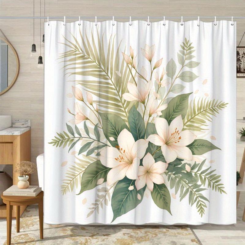 1pc Beige Floral & Palm Frond Shower Curtain - Soft Pastels, Serene Design, Polyester, 70.8x70.8In, 12 Hooks, Washable