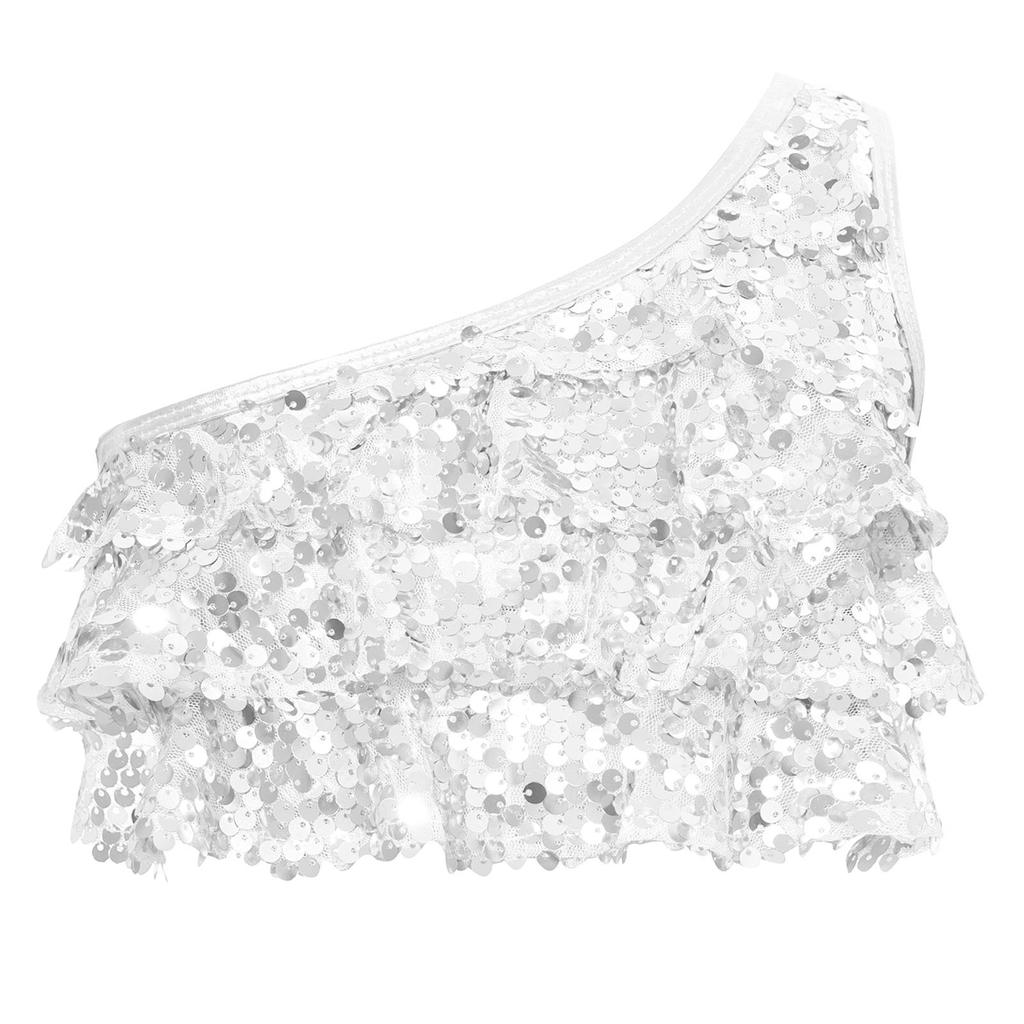Girls Dance Top Shiny Sequins Tiered Ruffles Sleeveless Crop Top Metallic One Shoulder Vest