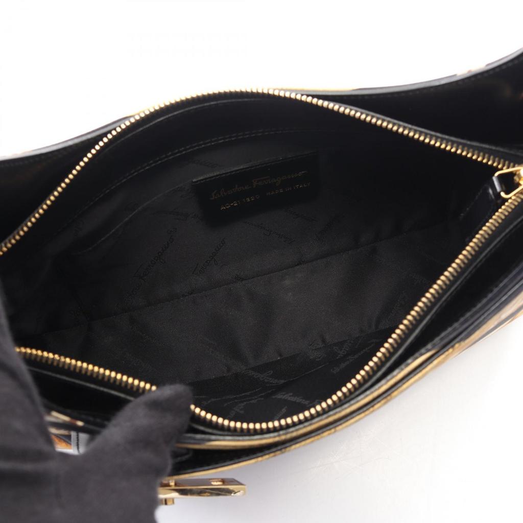 Used Salvatore Ferragamo Gancini Animal Shoulder Bag canvas leather Brown Black Used Women