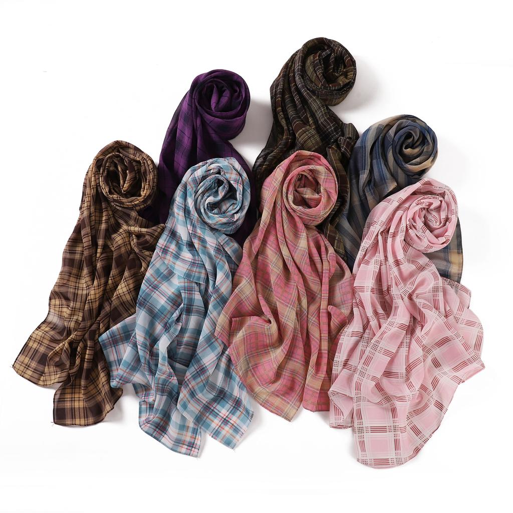 175*70CM New Plaid Print Islam Long Chiffon Scarf Wrapped Scarf Muslim Women's Hijabs Shawl Ramadan Female