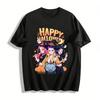 Happy Halloween Witch Girls Print Top Funny Cat Theme Casual Loose Crew Neck Long Sleeve T-Shirt Pure Cotton T-shirt