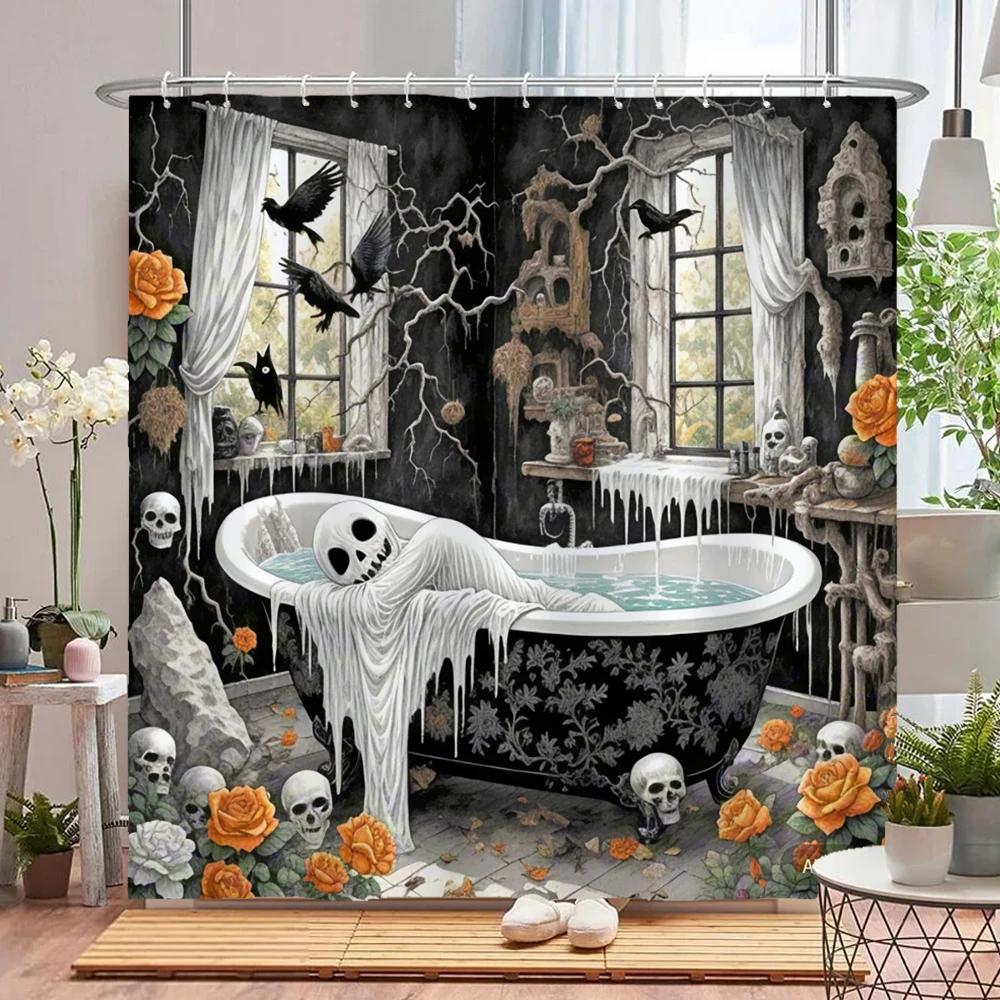 

Funny Halloween Shower Curtain Waterproof Bathroom Curtain Horrible Wacky Skeleton, Ghost, Dark Style Home Decorative Curtain W60H190(CM)-1 Pcs