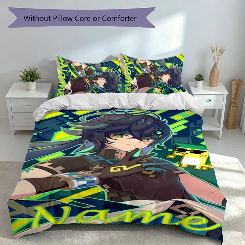 3pcs Custom Name Genshin Impact Characters Set,Includes 1 Duvet Cover and 2 Pillowcases,All-season Bedroom Decor