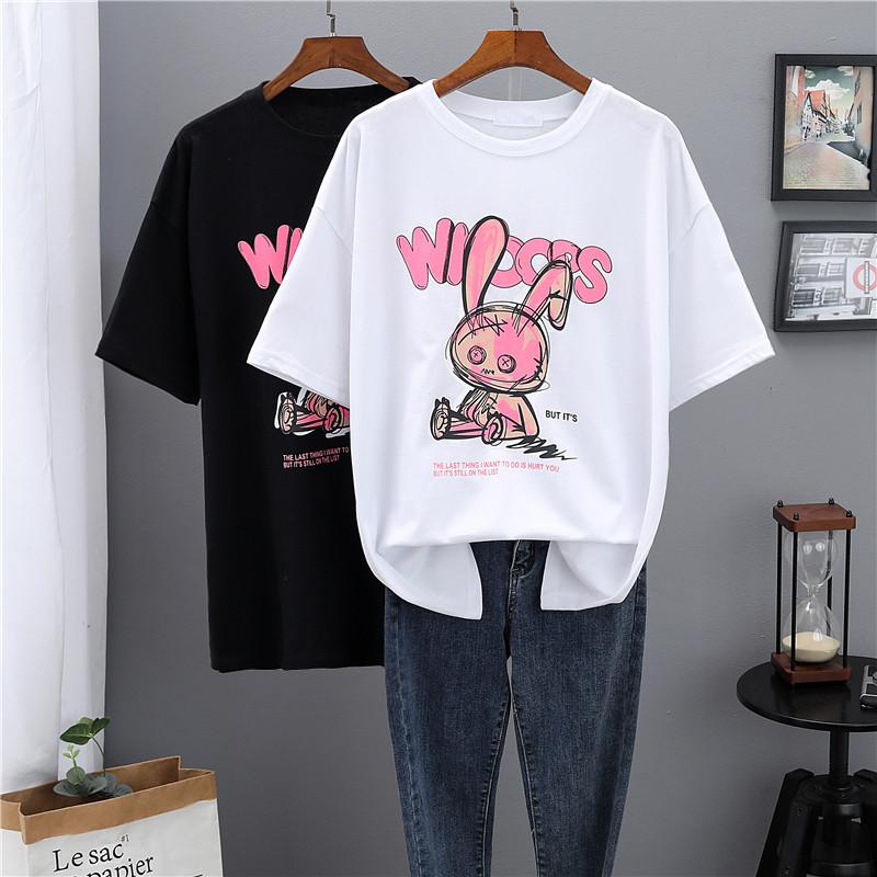 Свободная модная футболка с высоким воротником и принтом кролика — фото 3