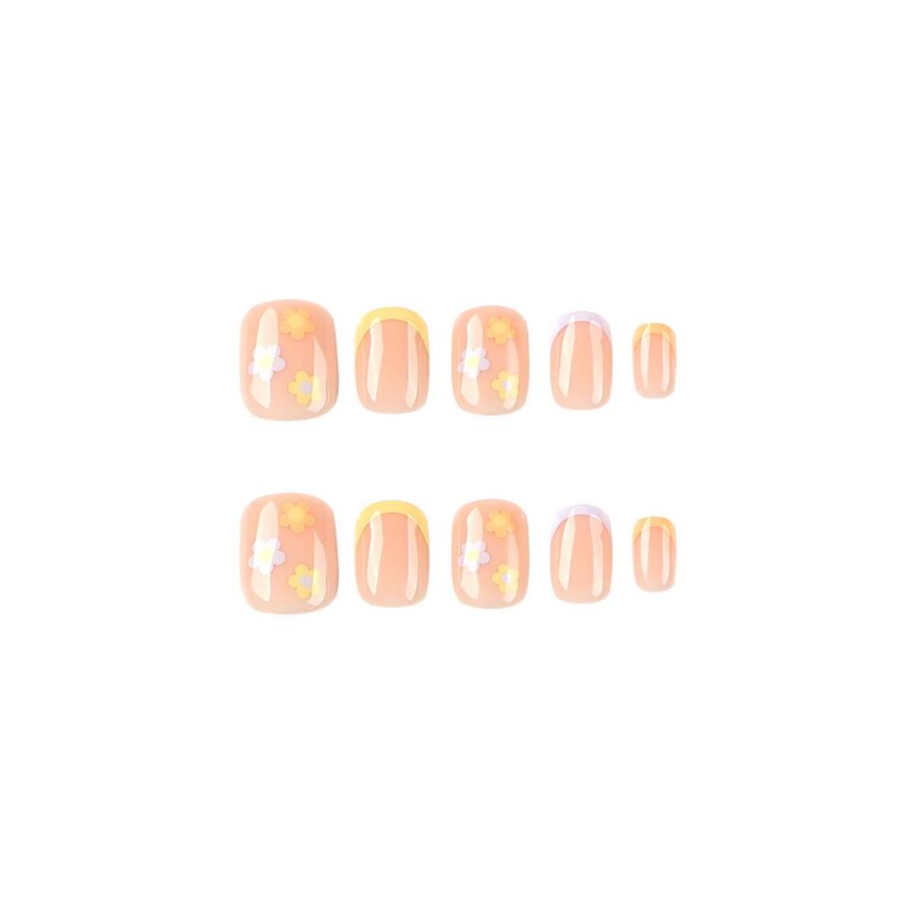 Tri-Color French Style Removable Nail Tips with Floral Stickers (Orange, Yellow, Purple)