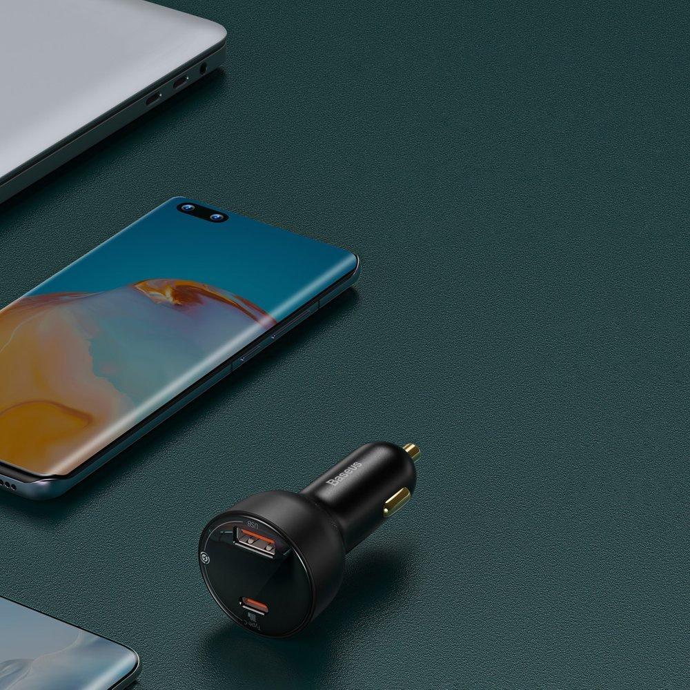Baseus Supreme 100W Dual Port Car Charger, USB & USB-C Quick Charge with 1m USB-C Cable - Black