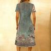 Women's Fashionable Retro Printed Round Neck Short Sleeved Button Neck Mid Length Casual Dress