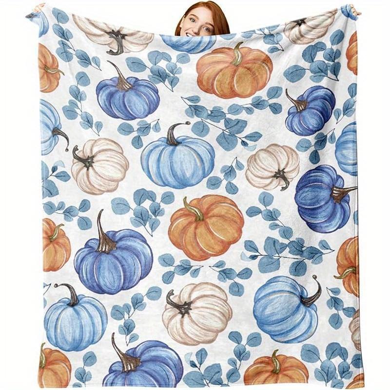 

[Lightweight Design] Cozy Autumn Harvest Flannel Blanket with Blue Pumpkins & Eucalyptus Leaves - Soft, Warm Throw for Sofa or B 70x100cm