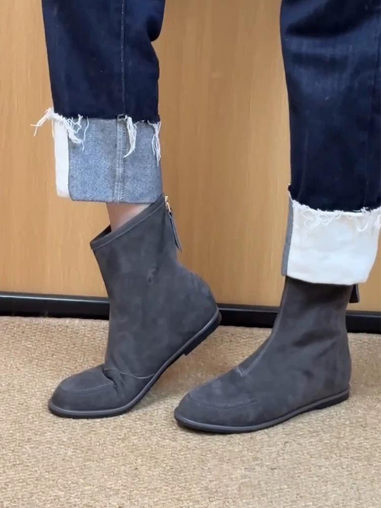 Korean Version of Niche Minimalist Suede Round Head Rear Zipper Flat Bottom Thin Boots Women's Autumn and Winter Versatile Martin Boots Short Boots