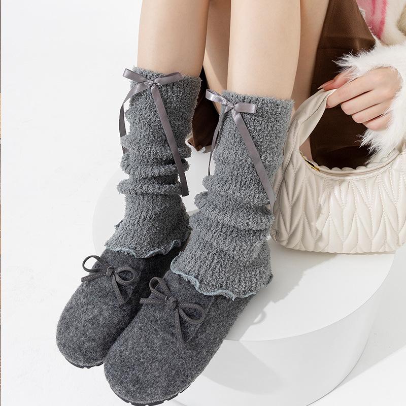 

1Pair Plush Versatile Stacked Socks Calf Leg Cover Thick Skin-friendly Bow Tie Soft Cotton Sock Cover Comfortable Warm Fashion серый