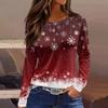 Women's Fashion Casual Slit Hem Round Neck Long Sleeve Loose Printed T-Shirt Ladies Top Christmas