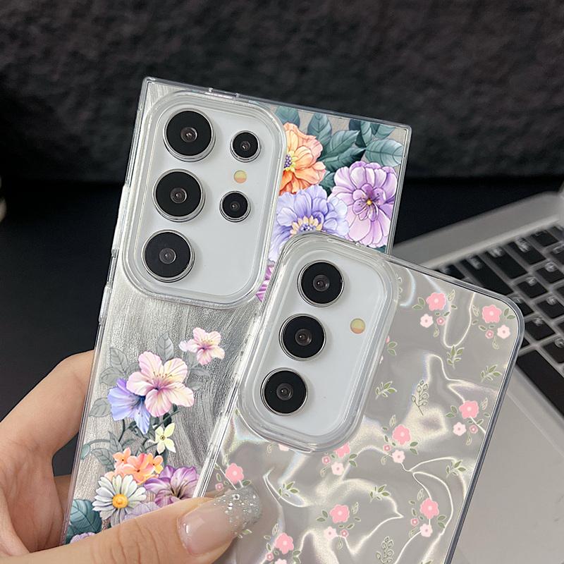 Motif Floral Pailleté Étui Arrière Slim Rigide en PC Pour Samsung S25 Ultra S24 FE S23 A36 A56 A16 A55 Plume Étincelant Antichoc Bord Souple TPU Coque de Téléphone