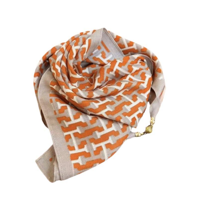 Autumn/Winter Silk Cotton Scarf with Magnetic Buckle - Versatile, High-end Neck Warmer
