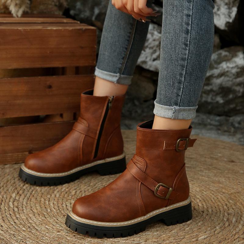 Botines de Tobillo de Punta Redonda de Ancho Especial para Mujer, Botas Martin de Plataforma Estilo Británico, Botas de Montar Finas con Cremallera Lateral para Mujer