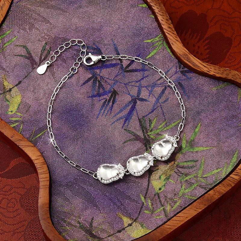 Natural Water Foam Jade Gourd Design Bracelet Women's S925 Sterling Silver Inlaid High-end Niche Temperament Simple