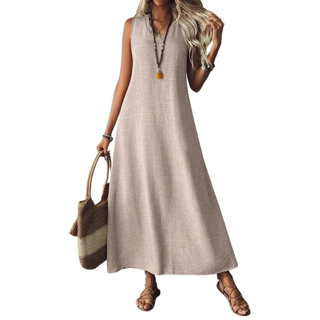 Summer Sleeveless Long V-Neck Elegant Dress Women's Fashion Ankle-Length Maxi Dress
