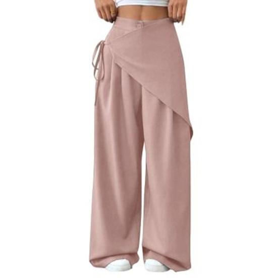 Yousheng Women Long Pants, Oversized Wide Leg Trousers with Apron Decor, Pure Color Elastic Waist Casual Pants for Daily Commuting