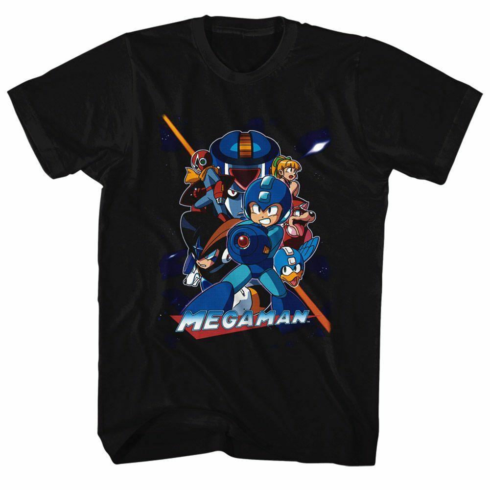 Mega Man Collage Orange Beam Black Adult T-Shirt L