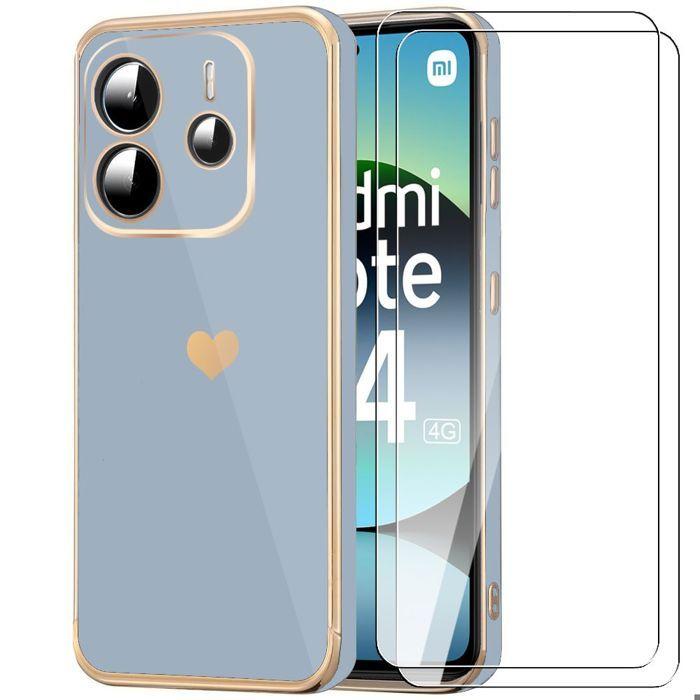 Coque Silicone - E.F.CONNECTION - Pour Xiaomi Redmi Note 14 4G - Souple TPU - 2 Verres Trempés - Motif Cœur Bleu