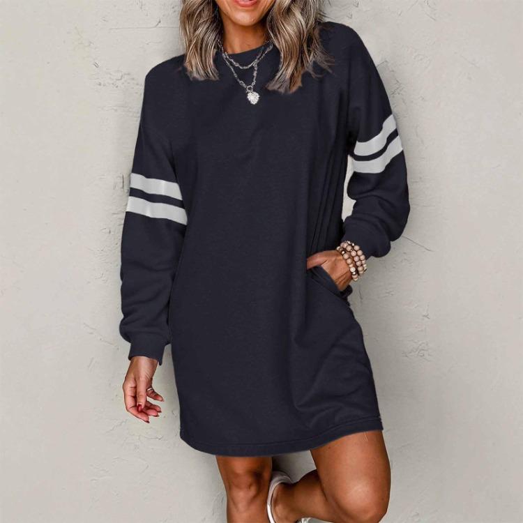 Hoodie Dress Women Casual Fashion Long Sleeve Striped Round Neck with Pocket Sports Wear