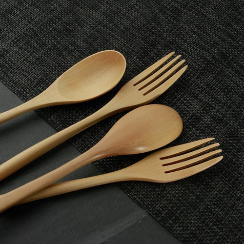 YFWOOD 4-Piece Wooden Cutlery Set, 22.5cm Long, Lightweight Dinner Spoon and Fork Set for Soup, Curry, Salad, Commuting, and Lunchboxes
