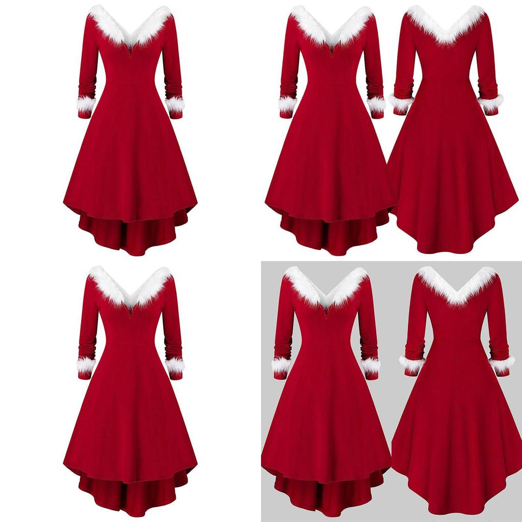 Women Ladies Christmas Asymmetrical Faux Fur Panel Red Retro Fancy Dress Gown Stylish Flowy Maxi Dress For Festive Occasions