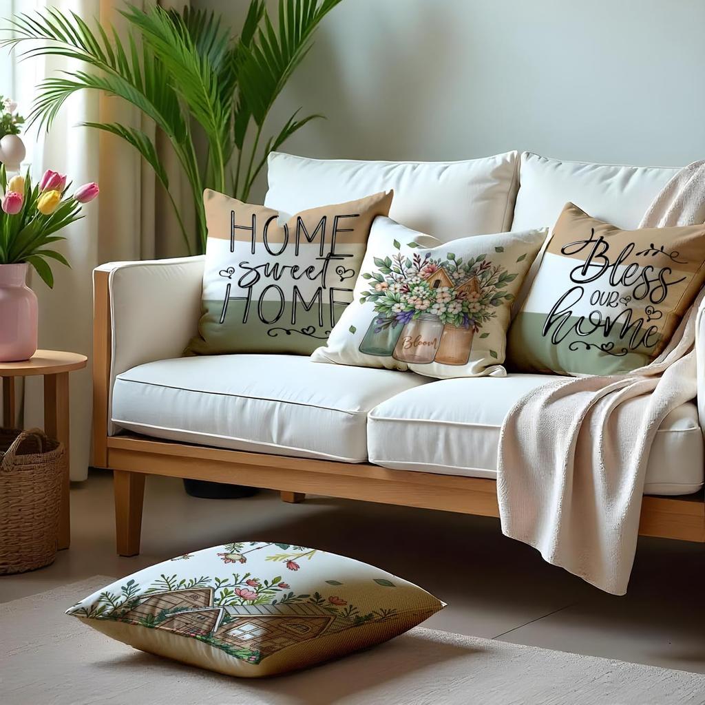 Farmhouse Throw Pillow Cover Flower House Garden Pillow Cushion Case - 4 Pack, Great For Couch Chair Yard Living