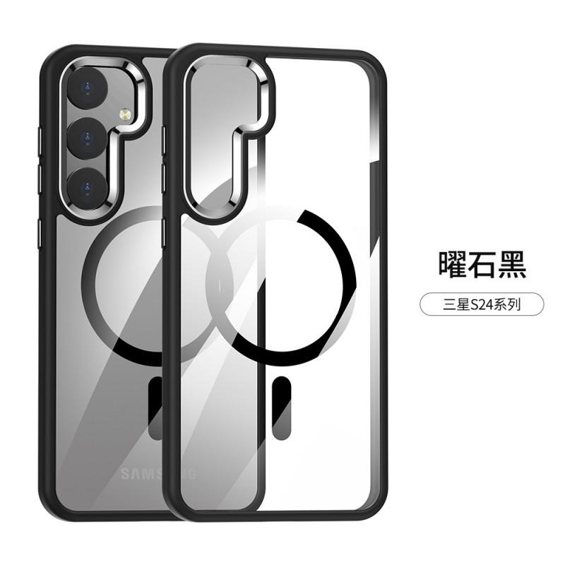 Magnetic Snap-On Phone Case Galaxy S24 Ultra Plus TPU Bumper With Metal Camera Ring Transparent Hard PC Back