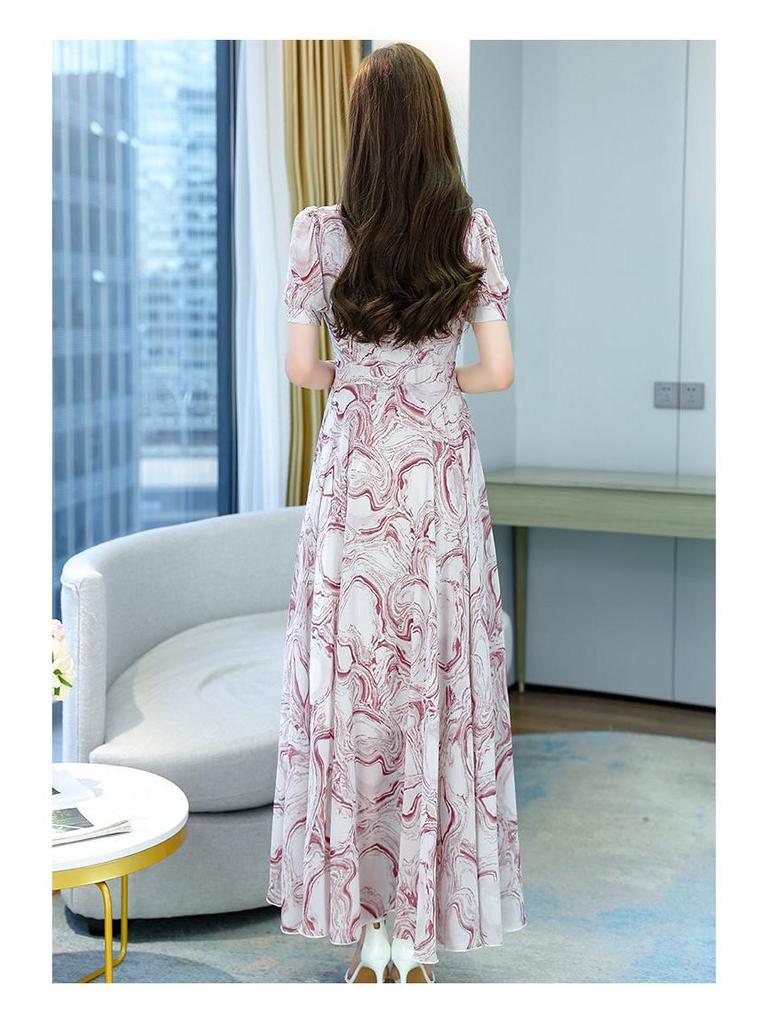 2026 Women's Summer Fashion: Short Sleeve Plus Size Slimming Dress with Printed Long Skirt